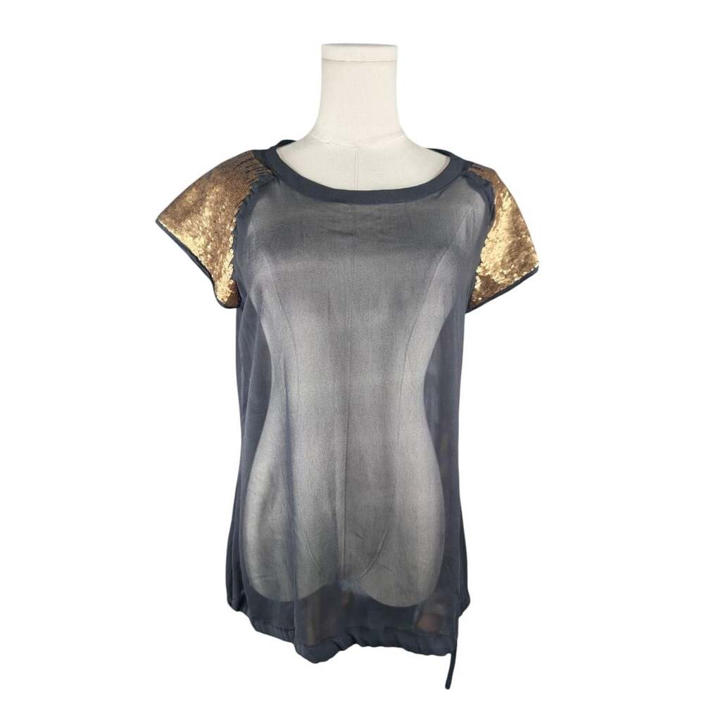 Fun & Flirt Black Sheer Cap Sleeve Blouse with Gold Sequins Sz. L